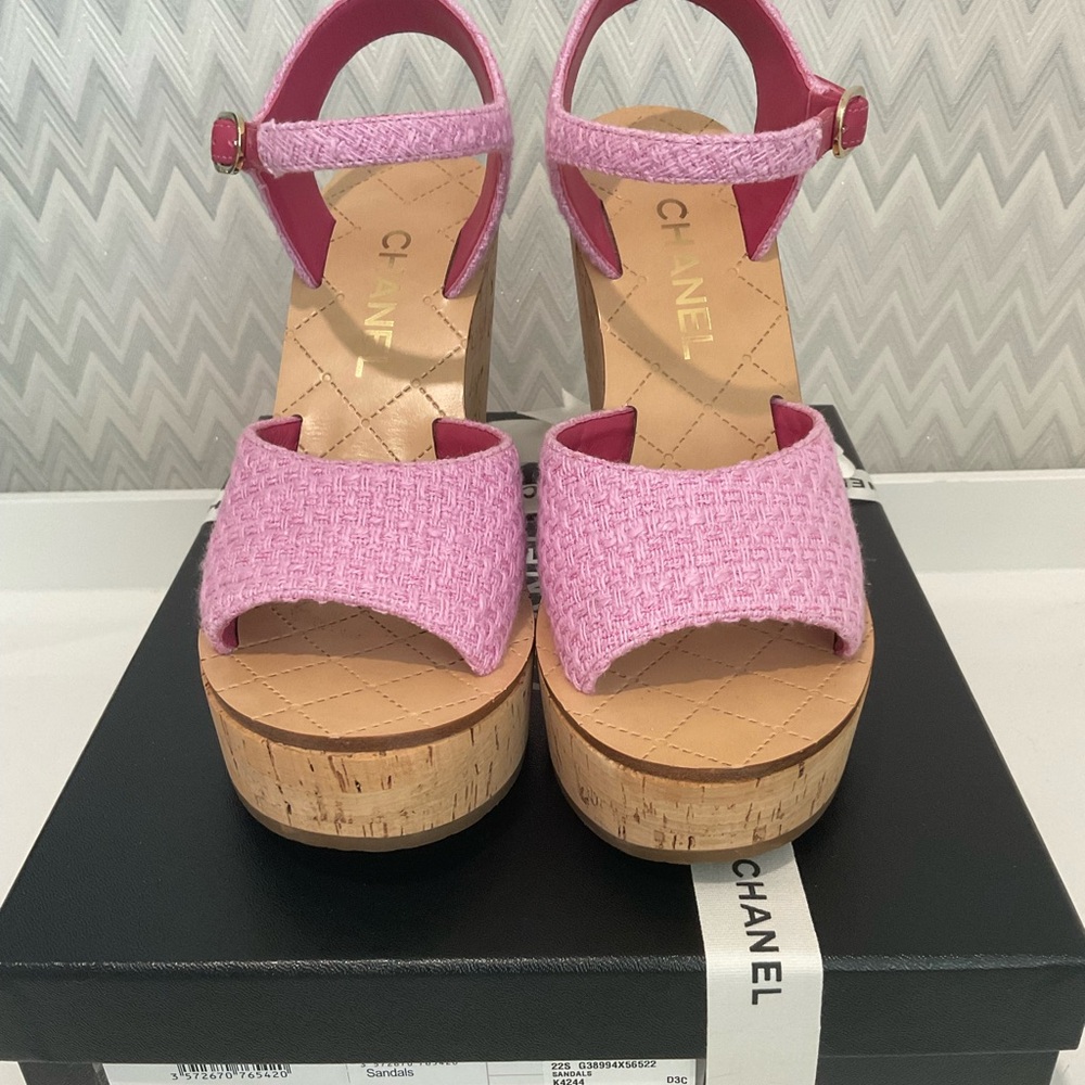 Chanel Pink Tweed & Cork Women's Platforms SZ 39